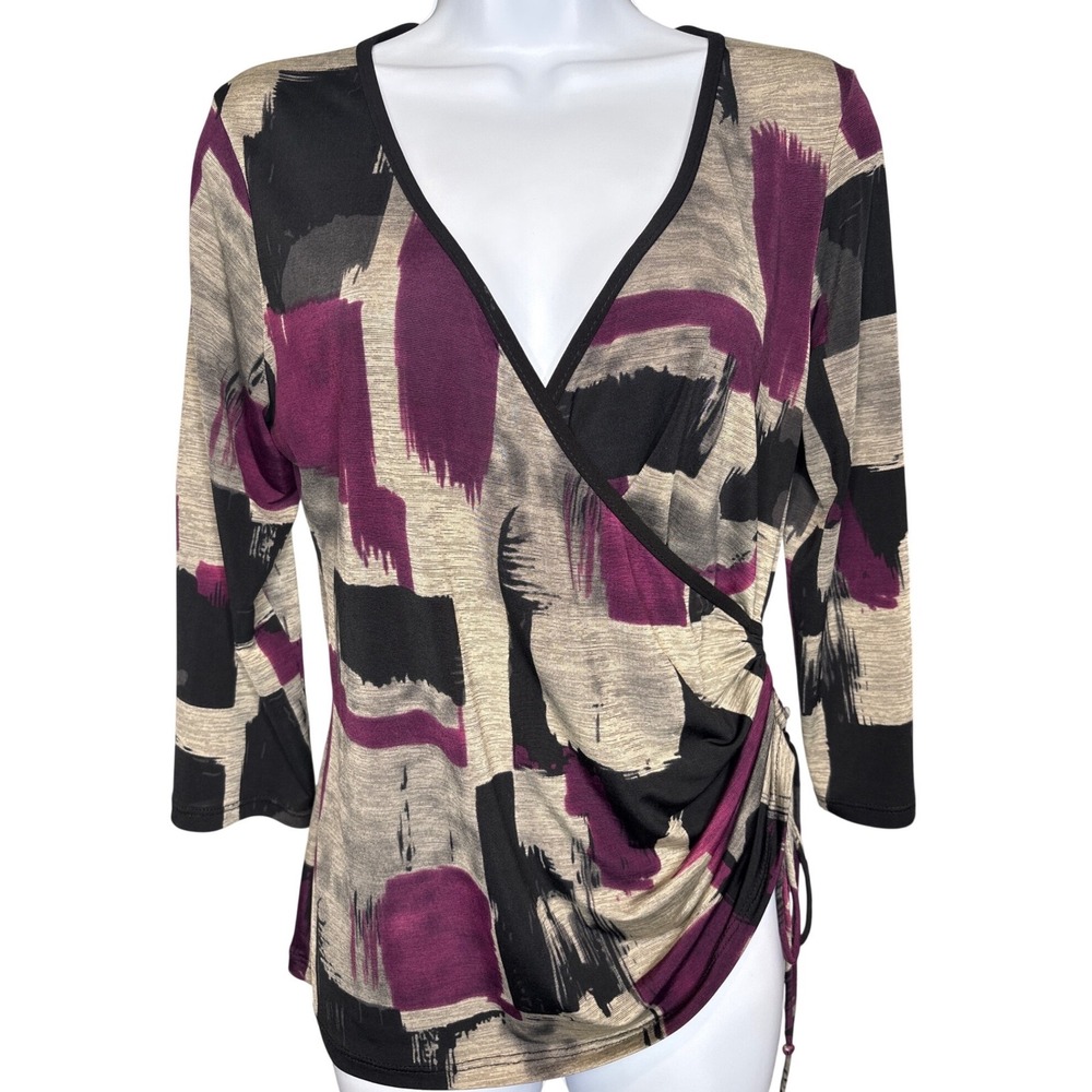Papillon Blanc‎ Purple Abstract Faux-Wrap Stretch Top Sz L Work-to-Wine Drapey